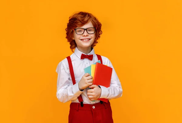 Delighted Ginger Boy Glasses Hugging Textbooks Smile Broadly School Studies — Stock Photo, Image