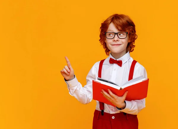 Smart Ingefära Pojke Glasögon Pekar Upp Medan Läser Lärobok Skolstudierna — Stockfoto