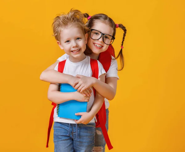 Alegre Chica Inteligente Gafas Abrazando Hermano Pequeño Con Cuaderno Mochila —  Fotos de Stock