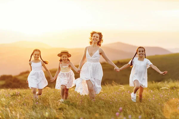 全身上下都是快乐的年轻女子 她们都是可爱的小女儿 手牵着手 在绿草如茵的草地上跑来跑去 在大自然里享受夏天的夜晚 — 图库照片