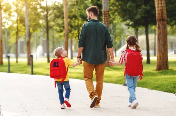 Bearded Man Holding Hands Happy Son Daughter While Walking School — Stock Photo, Image