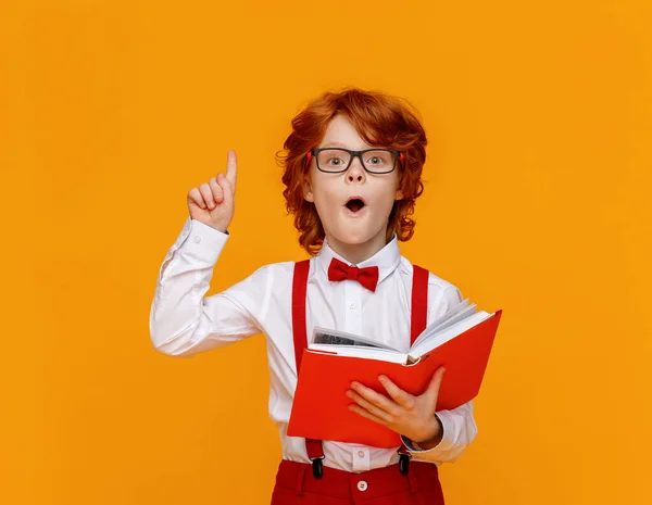 Розумний Імбирний Хлопчик Окулярах Вказує Читання Підручника Під Час Шкільних — стокове фото