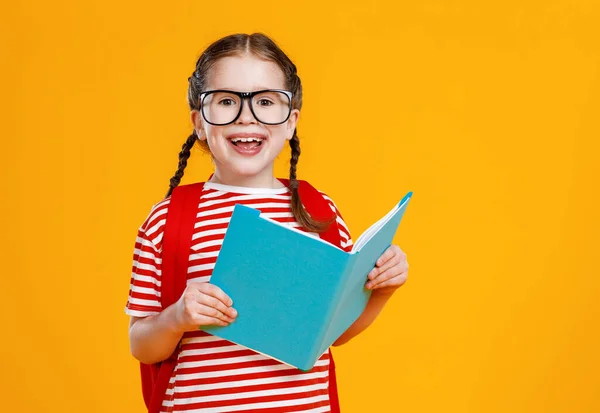 Cute Smart Girl Glasses Smiling Looking Camera While Reading Textbook — Stock Photo, Image