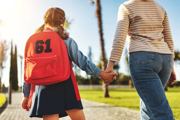 View Back Smart Girl Backpack Holding Her Mother Hand While — стоковое фото