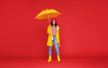 Uzun boylu, iyimser, şemsiyeli, yağmurlu bir sonbahar gününde kırmızı grubuna karşı gülümseyen ve kameraya bakan etnik bir kadın.