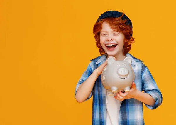 Positive Ginger Boy Casual Outfit Laughing Saving Money Piggy Bank — Stock Photo, Image