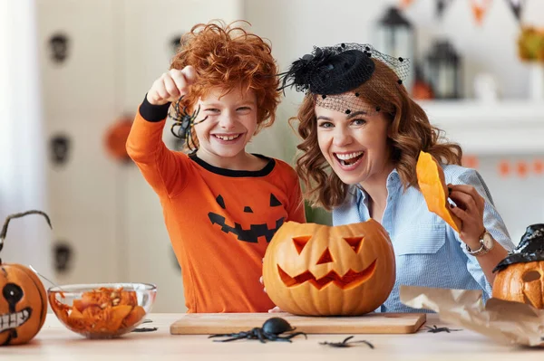 Happy Family Cheerful Woman Her Red Haired Son Jack Lantern — Stock Photo, Image