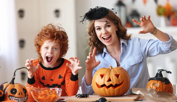 Happy Family Cheerful Woman Her Red Haired Son Jack Lantern — Stock Photo, Image