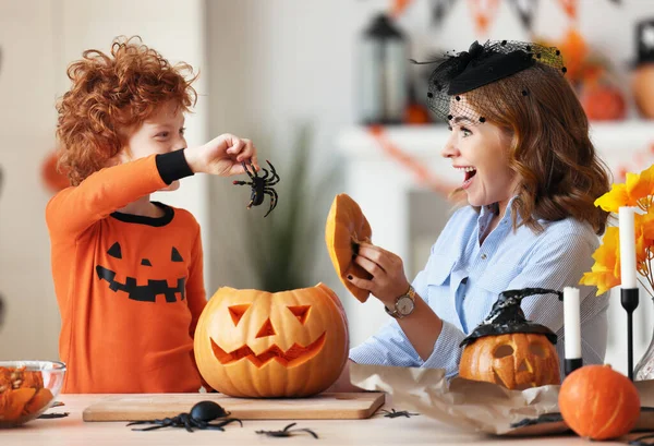 Happy Family Cheerful Woman Her Red Haired Son Jack Lantern — Stock Photo, Image