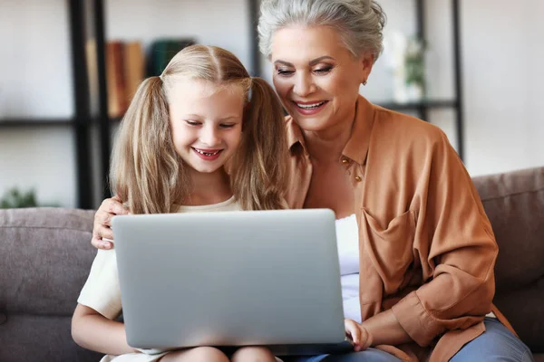 Cheerful Senior Female Enjoying Time Little Granddaughter While Sitting Together — Stock Photo, Image