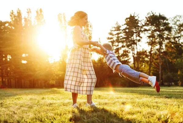 Happy Family Cheerful Mother Circles Laughing Child Little Son Air — Stock Photo, Image