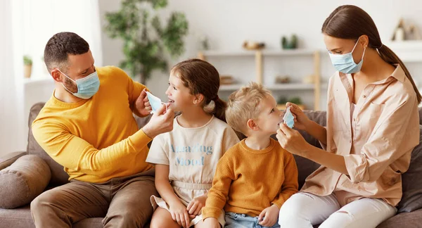 Concept Prevention Coronavirus Infection Happy Family Caring Parents Put Protective — Stock Photo, Image