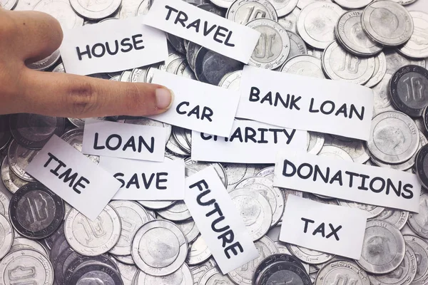 Money Travel House Car Bank Loan Charity Tax Insurance Woman — Stock Photo, Image