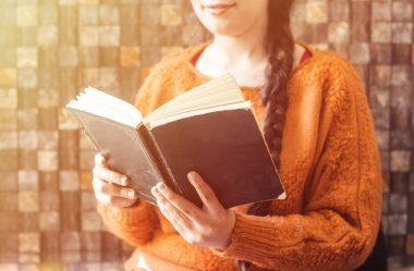 Güzel gülümseme ve evde kitap okurken örgü saç olan kadın