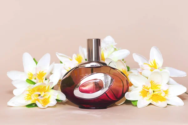 Vintage Flasche Parfüm Mit Weißen Blumen Auf Rosa Hintergrund — Stockfoto