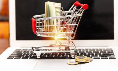 Cezayir nakit para ve para üstünde laptop alışveriş sepeti: e-ticaret, e-ödeme ve online alışveriş kavramı