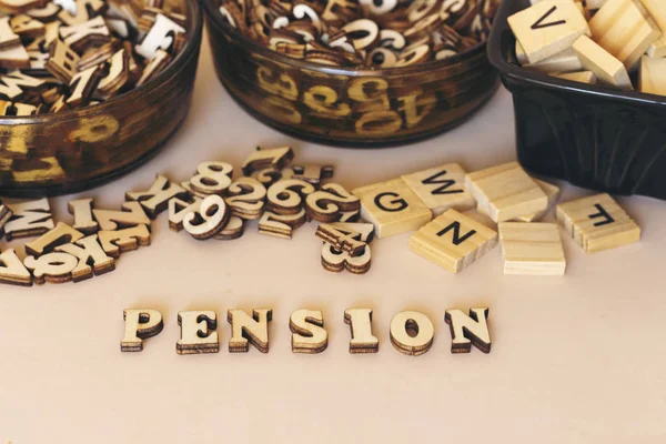 Word Pension Made Wooden Letters Next Bowl Other Letters Numbers — Stock Photo, Image