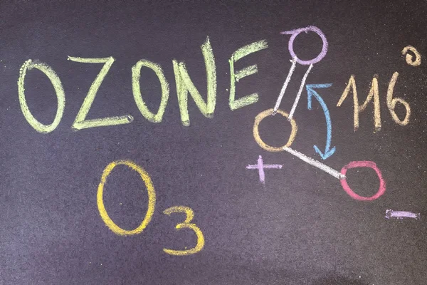 name, chemical formula and structure diagram of Ozone handwritten on blackboard with colorful chalk