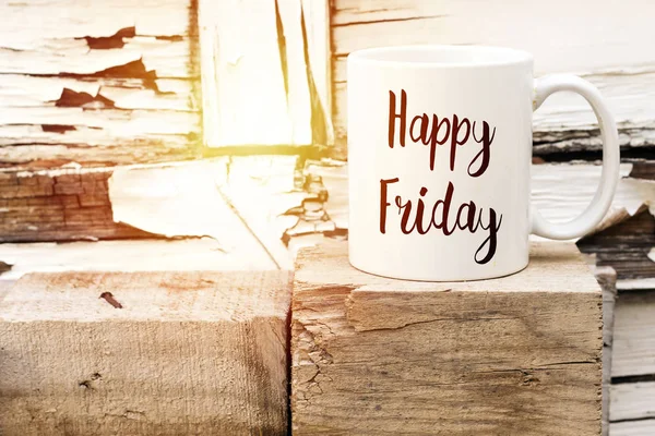 Text Happy Friday Cup Aromatic Coffee Wooden Cube — Stock Photo, Image