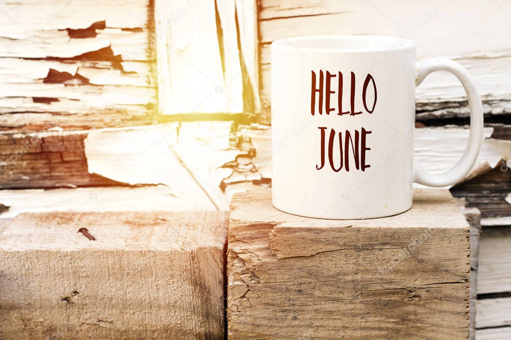 text HELLO JUNE on cup of aromatic coffee on wooden cube