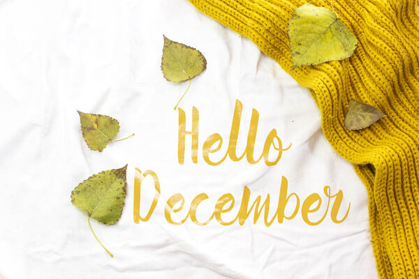 winter scarf on  bed with maple leaves, merry christmas concept