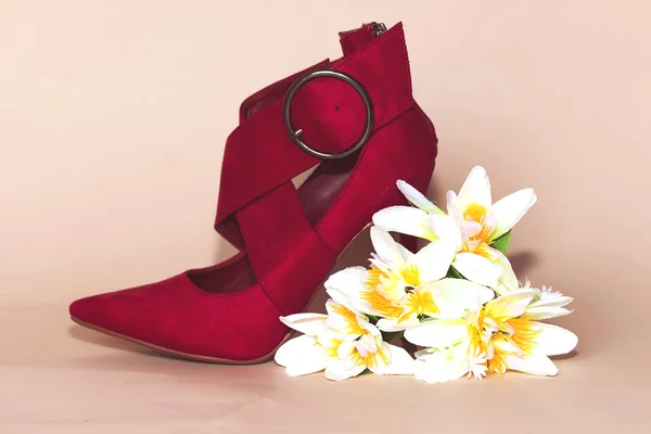 beautiful red high heels with white flowers