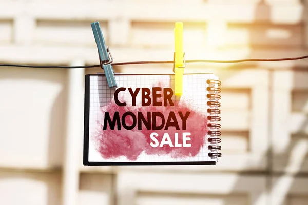 Notebook Cyber Monday Sale Hold Metal Clothesline Outdoor — Stock Photo, Image