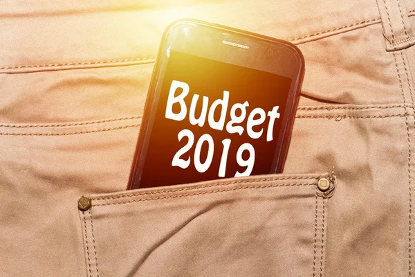 Budget 2019 Sur Écran Téléphone Smartphone Dans Poche Pantalon Avant — Photo