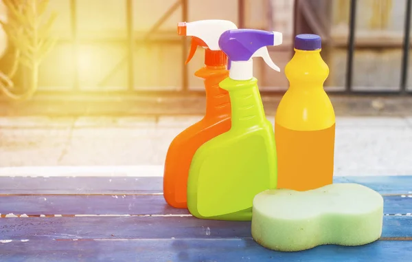 Colorful Spray Bottle Cleaning Set Different Surfaces Kitchen Bathroom Other — Stock Photo, Image