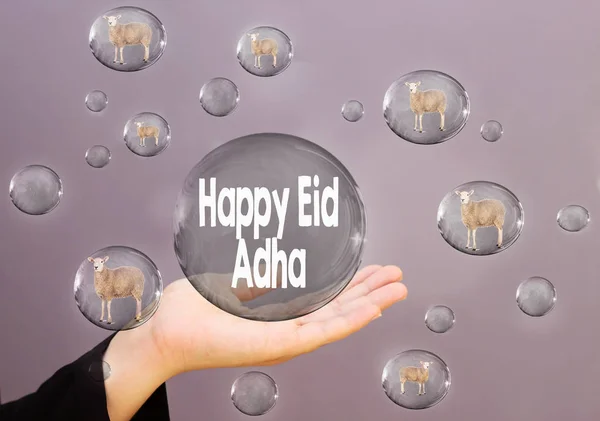 Kvinnor Hand Håller Bubbla Med Lycklig Eid Adha Text Och — Stockfoto