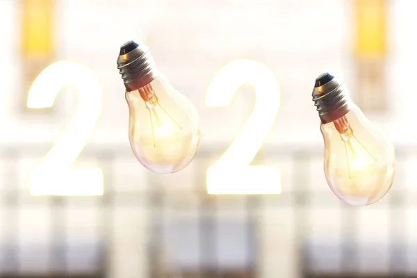 Concepto Año Nuevo 2020 Iluminación Vuelo Una Bombilla —  Fotos de Stock