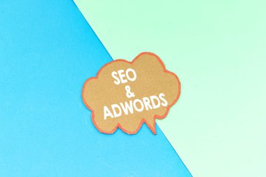 seo and adwords speech bubble isolated on pink and blue background