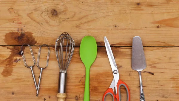 Utensilios Cocina Sobre Fondo Madera Rústico Claro — Foto de Stock