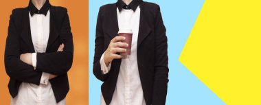 Kolları katlanmış, yakın çekim iş kadını. ve tek kullanımlık bir fincan diğer içecekler kahve