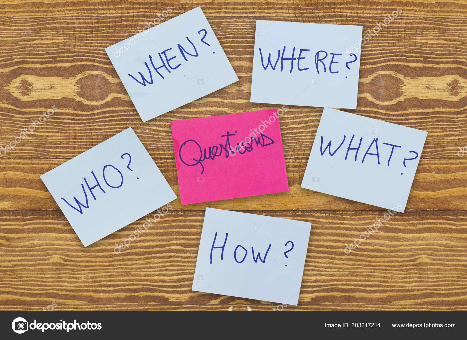 Questions Why What Why How Blue Stickers Wooden Background Business ...