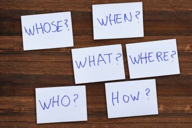 Sorular - Neden? Ne? Nerede? Tesis? Neden? Nasıl? ahşap arka plan üzerinde mavi çıkartmalar üzerinde. İş, metin, iletişim, bilgi, mesaj, not, kağıt, kelime