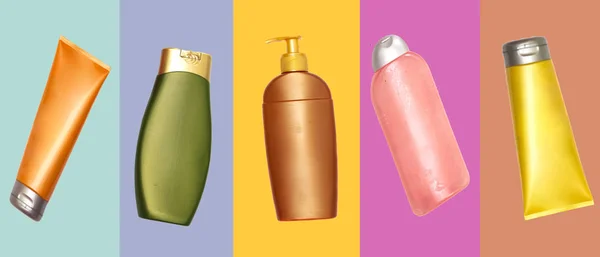 Botella Plástico Diferente Cuidado Corporal Champú Tubo Piel Crema Sobre — Foto de Stock