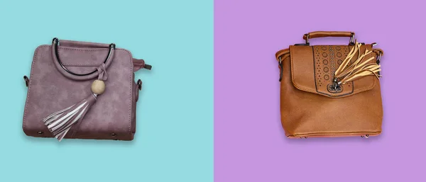 two different shoulder bag isolated on colorful  background