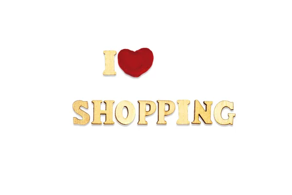 Love Shopping Composed Wooden Letters Isolated White Background — Stock Photo, Image