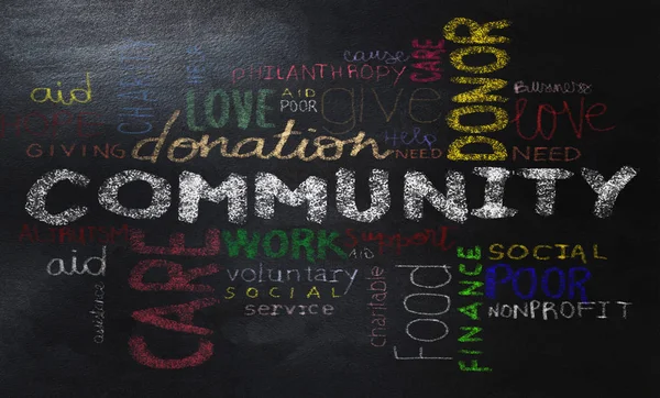 Caligrafia Community Word Cloud Com Giz Colorido — Fotografia de Stock