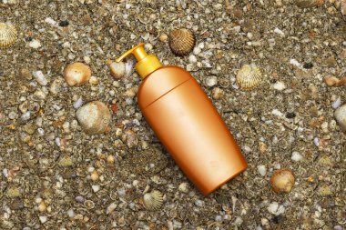 Düz kompozisyon, güneş kremi ve deniz kabuğu ile taşların üzerinde yatıyordu. Yaz tatili arka planı