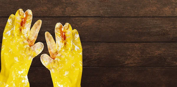 Dirty Rubber Paint Glove Wood Table — Stock Photo, Image