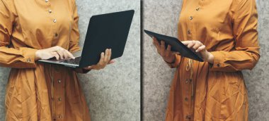 Kadın dizüstü veya tablet kullanma kavramı