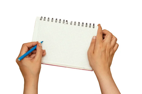 Vrouw Handen Schrijven Notebook Geïsoleerd Wit — Stockfoto