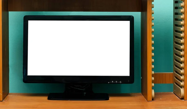 Blank Display Computer Screen Wooden Desk — Stock Photo, Image