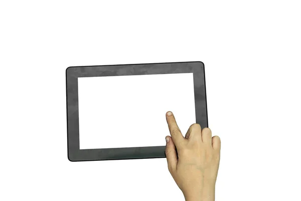 Weibliche Hand Zeigt Auf Tablet Mit Leerem Bildschirm Isoliert — Stockfoto