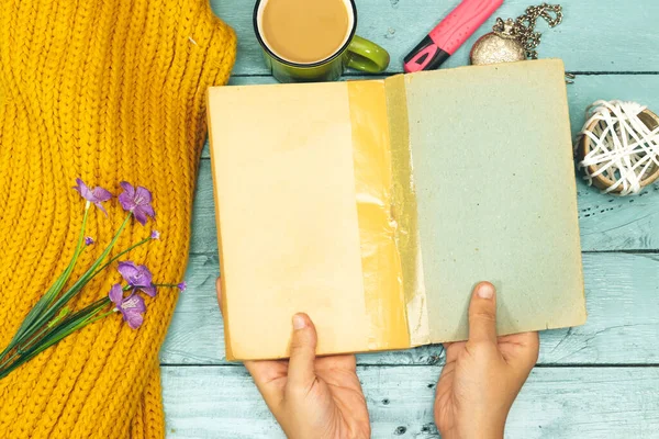 Coffee Milk Cup Woolen Scarf Hands Holding Old Book Felt — Stock Photo, Image