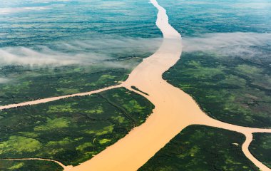 Renkli Amazon nehirleri, orman, orman ve alanların manzara havadan görünümü