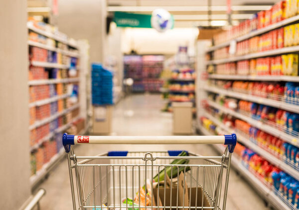 Shopping cart in a supermarket. Shopping, cooking, and price concept.