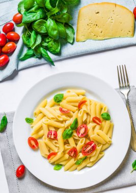 Kiraz domates ve fesleğen yaprakları ile renkli penne rigate makarna çanak.